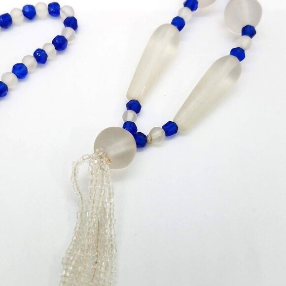 Vintage Glass Bead Tassel Necklace 31" Long Blue Clear Beads For Elegant Style - Picture 9 of 11